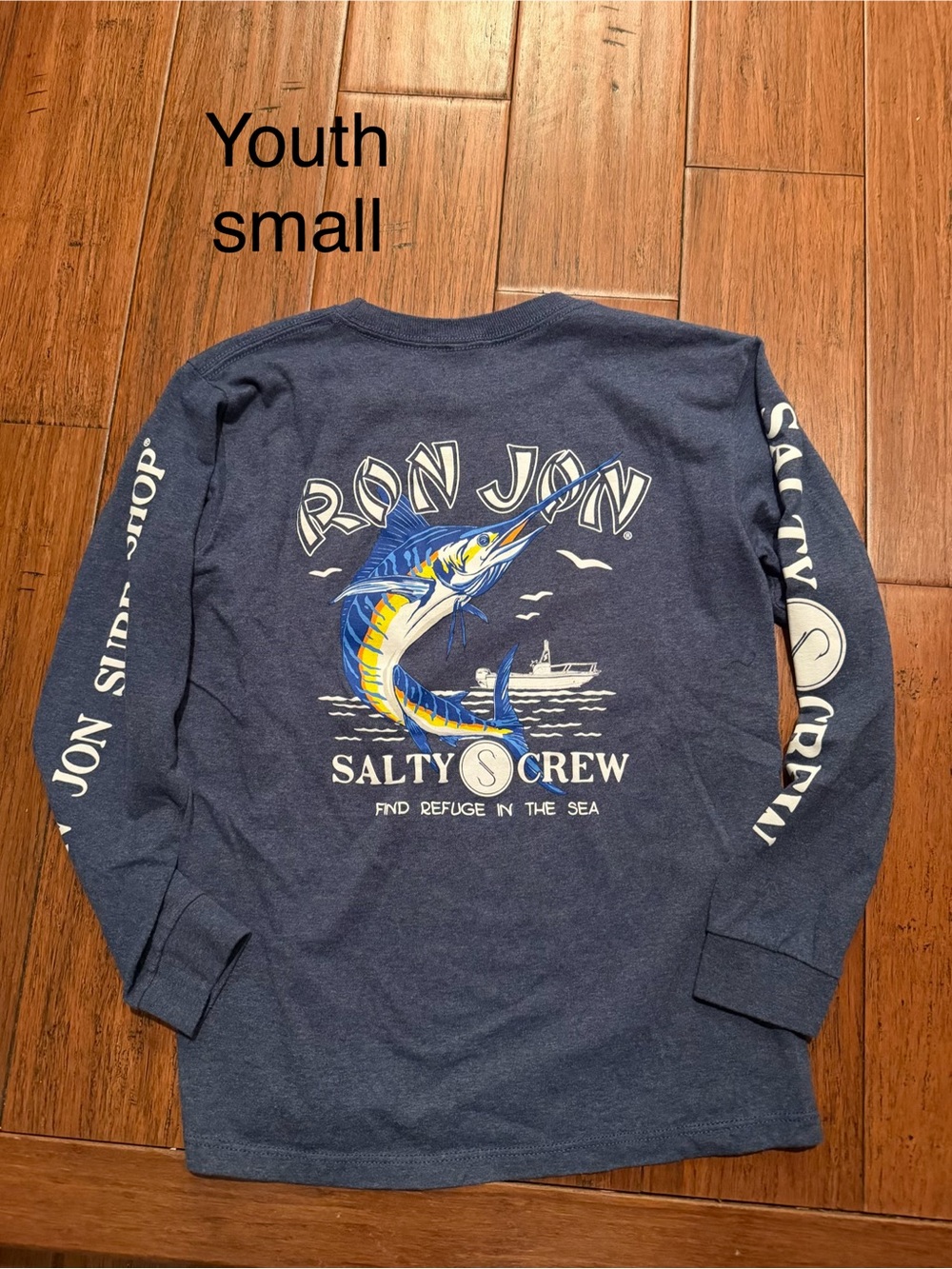 Ron Jon Navy Long Sleeve Tee with Yellow & Light Blue Marlin Graphic